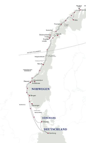 Routenkarte 2027 Hurtigruten ab Hamburg