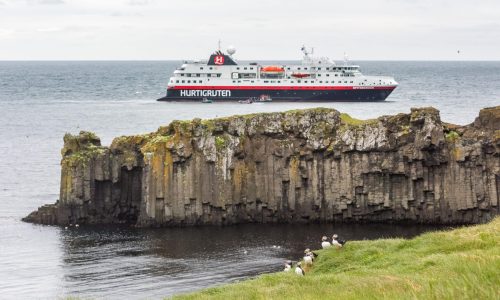 Grimsey Papageientaucher und Hurtigruten-Schiff 2023