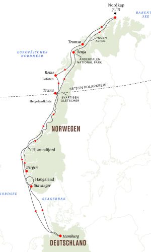 Routenkarte Sommer 2024 ab Hamburg MS Otto Sverdrup Hurtigruten