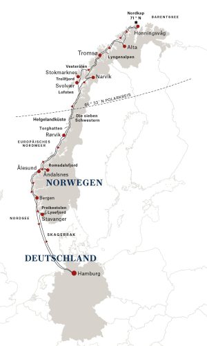 Hurtigruten Routenkarte Norwegen ab Hamburg 2026 (Winter)