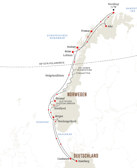Hurtigruten-Reise ab Hamburger Hafen 2023 Routenkarte Winter