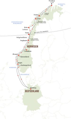 Hurtigruten-Reise ab Hamburger Hafen 2022 Routenkarte Sommer