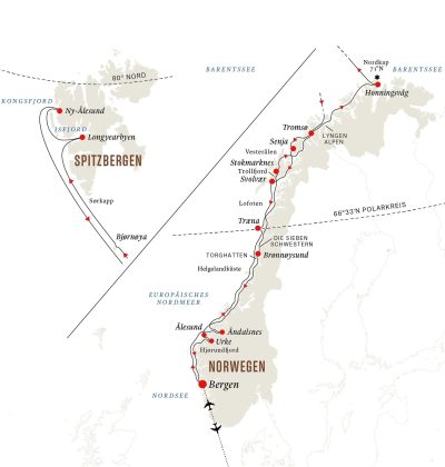 Routenkarte Hurtigruten mit Spitzbergen Linie 2023